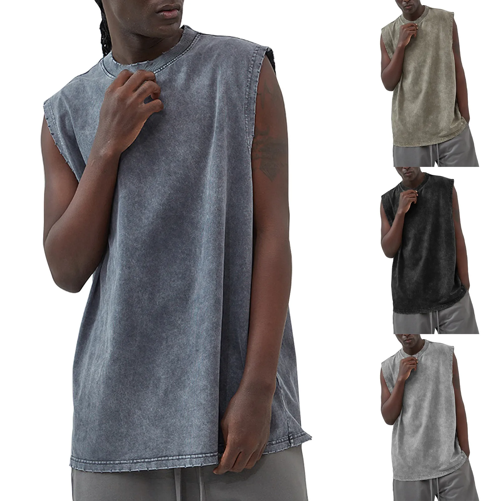 

Pack of Turtle Neck Top for Men Men's Vest Loose Base Wash Water Retro Batik Edging Vest European And Fashion 100 Shirt