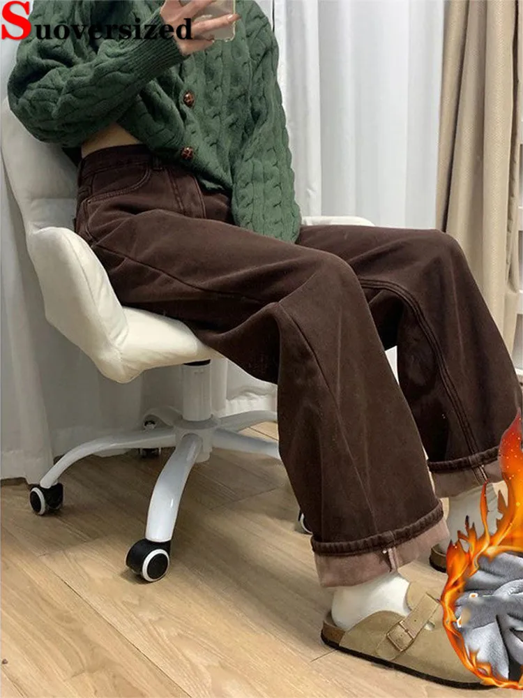 

Winter Brown High Waist Wide Leg Jeans Plush Velvet Lined Pantalones Korea Vintage Denim Pants Streetwear Women Baggy Vaqueros