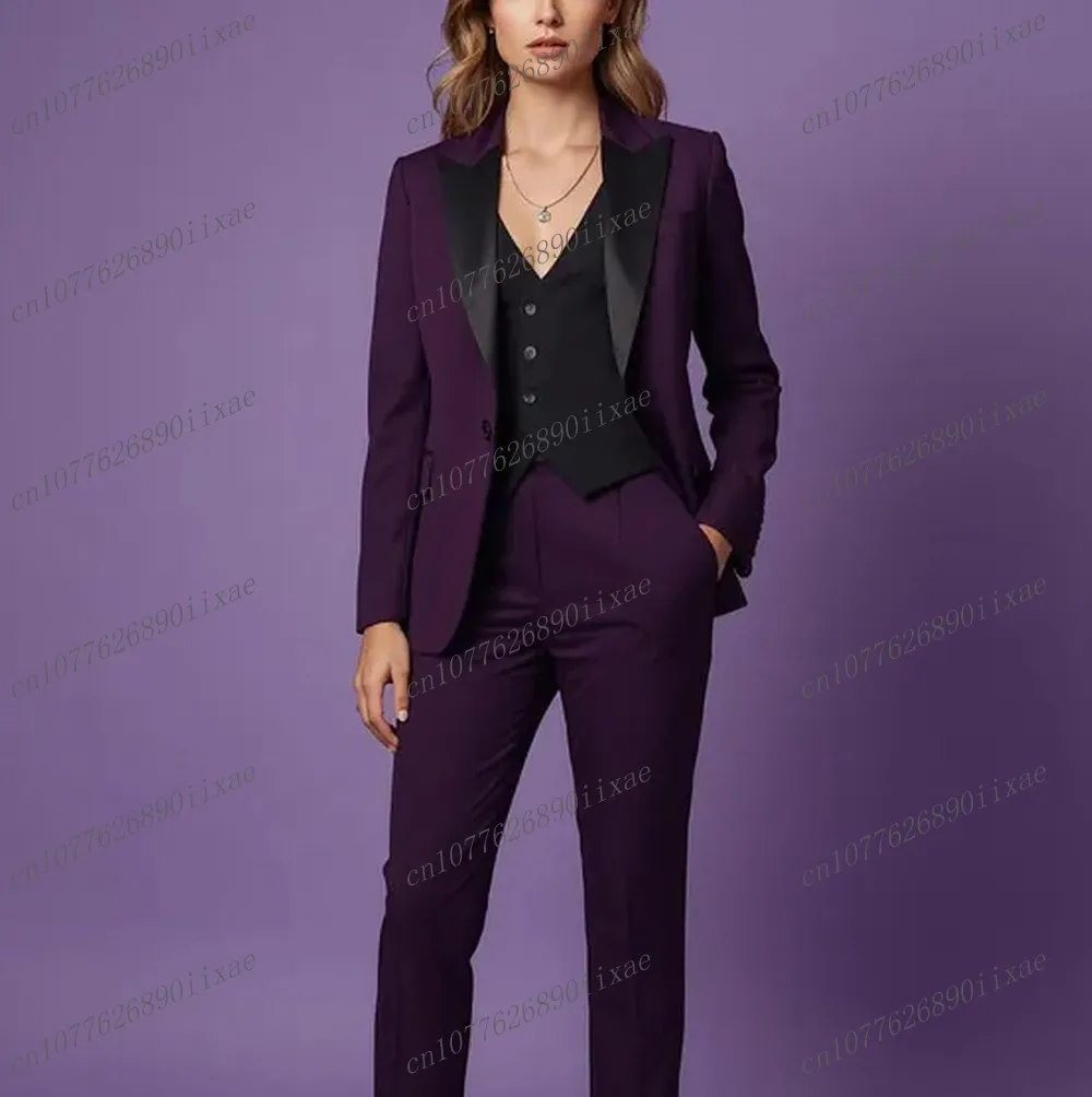 New Purple And Black Women Suits Lady Business Office Tuxedos Mother Wedding Party Formal Ladies 3 Piece Set Jacket Vest Pants