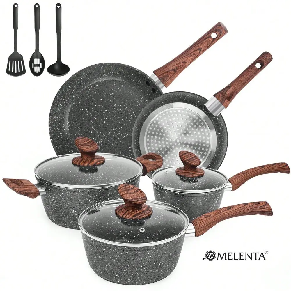 

Набор посуды MELENTA Granite Pots And Pans Set Ultra Nonstick, 11 предметов, из литого алюминия, с антипригарным покрытием, включает сковороду, сотейник, кастрюлю, с функцией сохранения тепла.