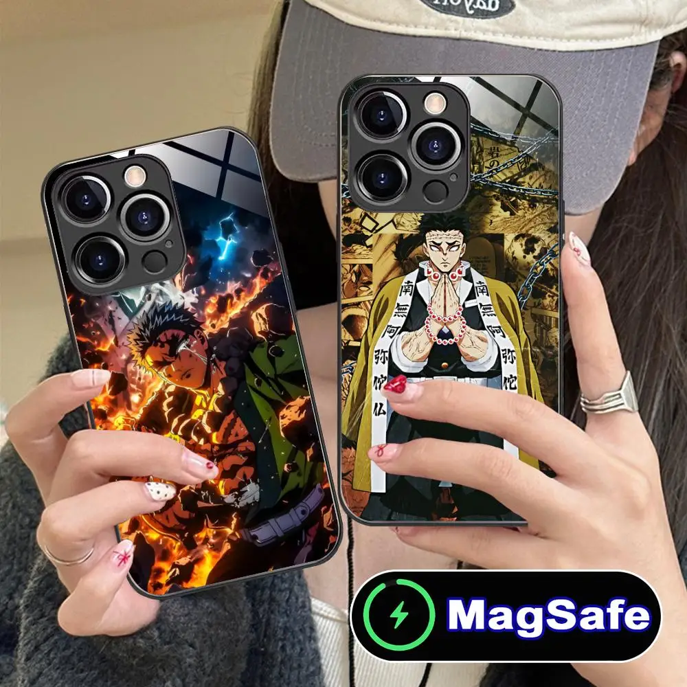 حافظة هاتف Demon Slayer Gyomei لهاتف آيفون 16 15 14 13 12 11 Pro Max Plus Mini MagSafe غطاء حماية بلون زجاجي للهواتف الذكية