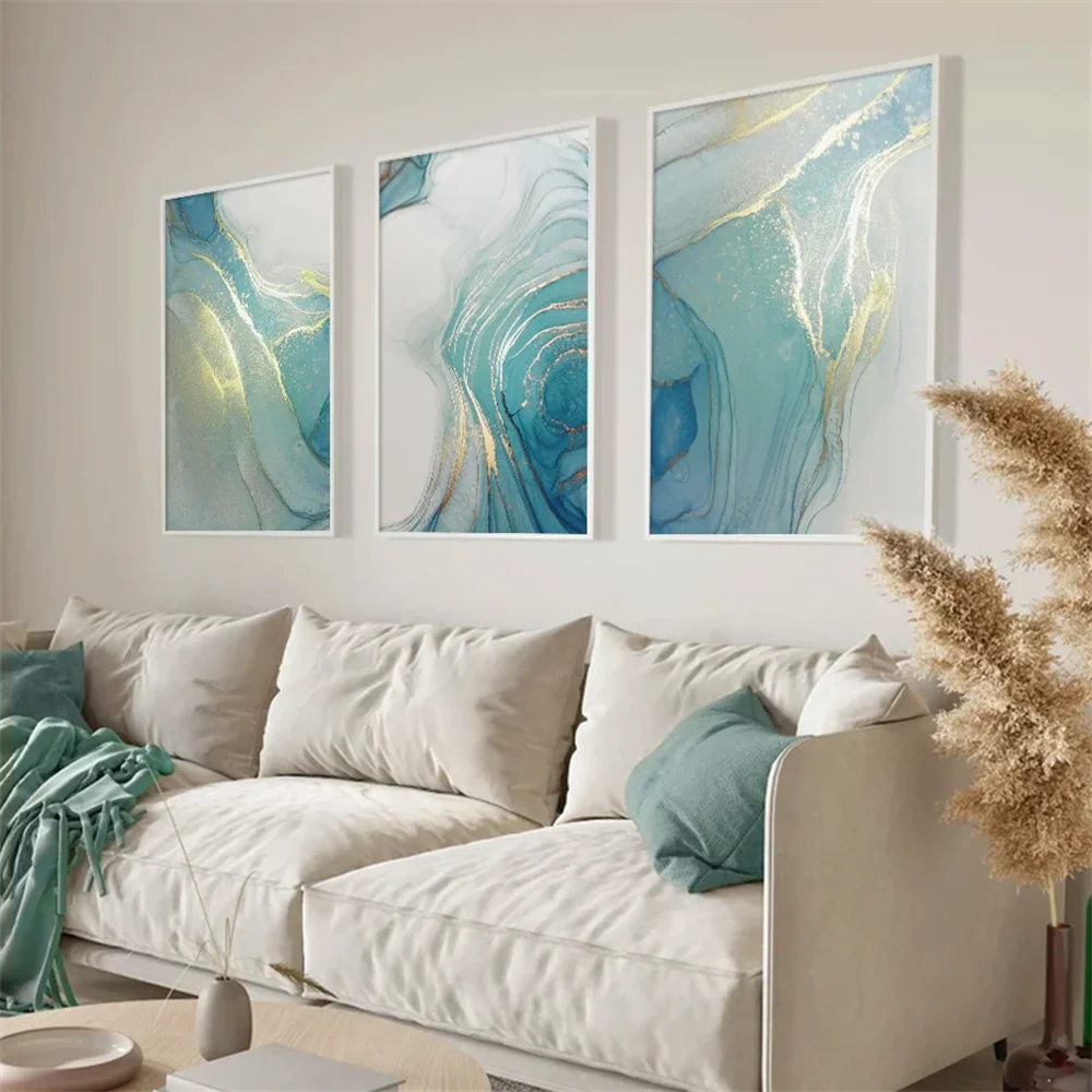 3PCS--Abstract Wall Art Canvas Painting Prints Nordic Luxe Gilt Picture Turquoise Gold Foil Marble Texture Poster Living Room