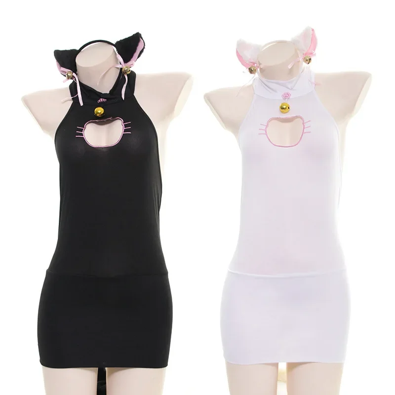 Sexy Kat Meisje Cosplay Kostuum Neko Bodysuit Outfit Voor Vrouwen Sweet Lolita Anime Holle Borst Jurk Met Staart Lingerie Set