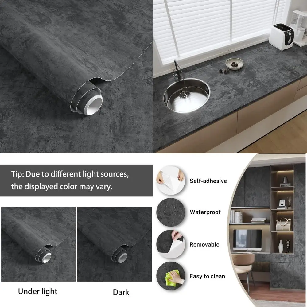 ورق جدران واسع من الخرسانة باللون الرمادي والأسود - ورق اتصال غير لامع ذاتي اللصق مقاوم للماء لتزيين الجدران القابل للإزالة