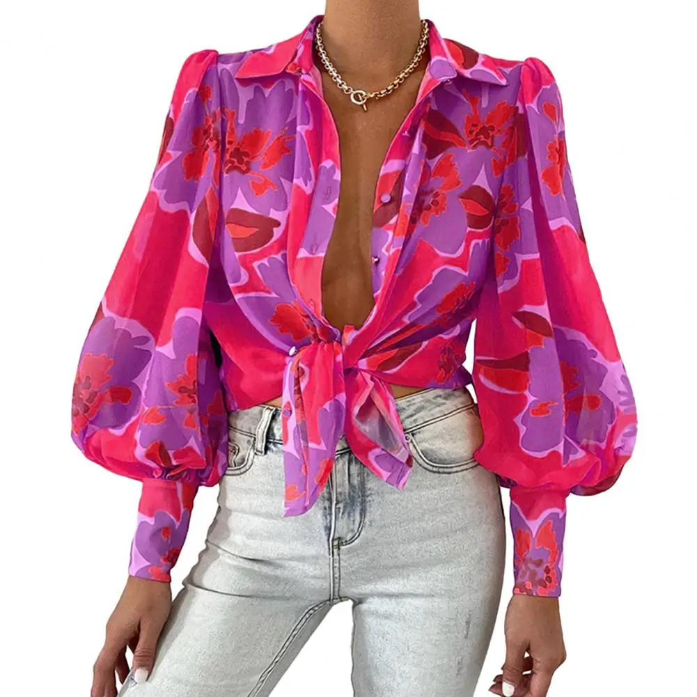 

Women Lapel Puff Long Sleeve Shirt Tops Flower Printing Loose Thin Blouse roupas feminina