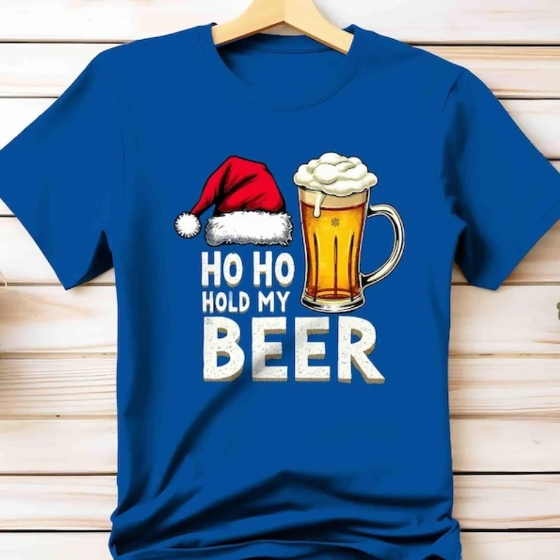 Ho Ho Hold My Beer Christmas Funny Santa Hat Drinking Tee Lover Gift Holiday Party Bar Unisex All-match Printed T-shirt Tops