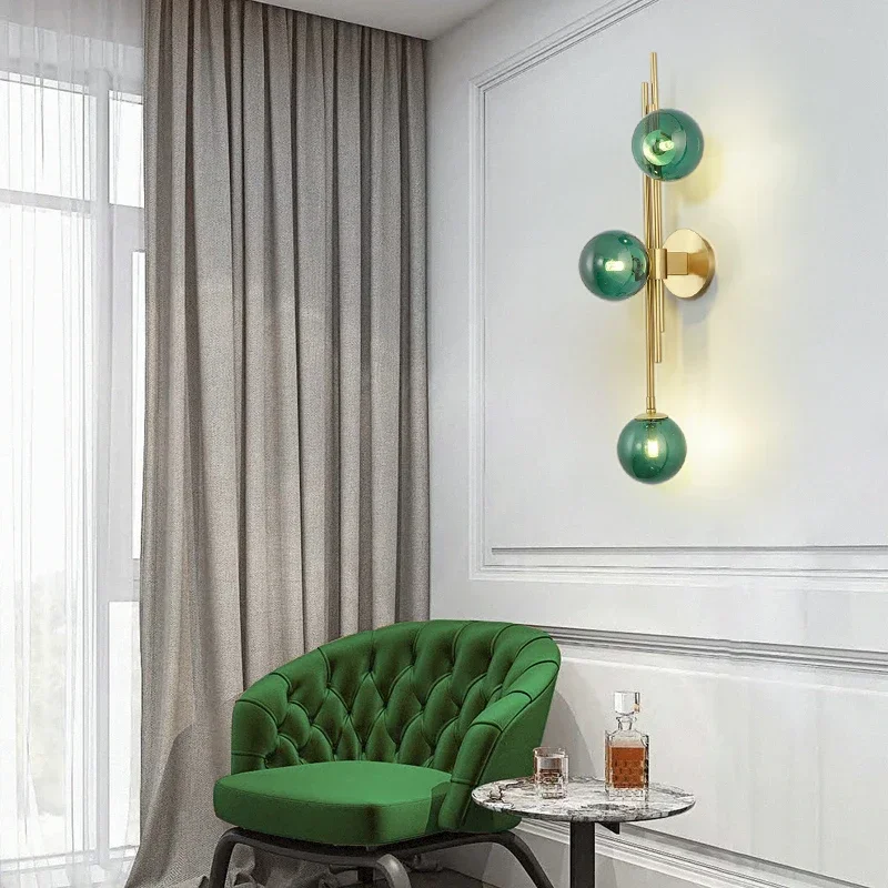 

Postmodern wall lamp 3 Heads Bule glass ball light For Bathroom Living Room Bedside Sconce Light Decoration home design light