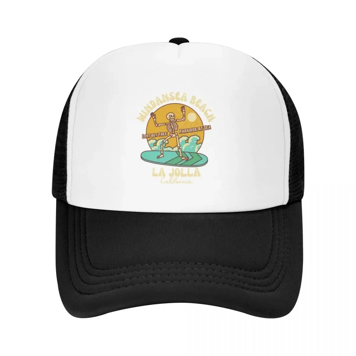 Retro Sixties Windansea Beach, La Jolla, California, Beige Text- Skeleton Beach / Skeleton Surf Baseball Cap