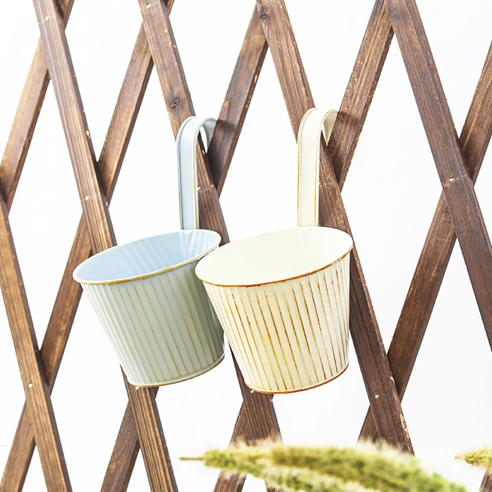 2 Pcs Decorate Hanging Small Iron Bucket Fences Railing Planter Wall Mounted Garden