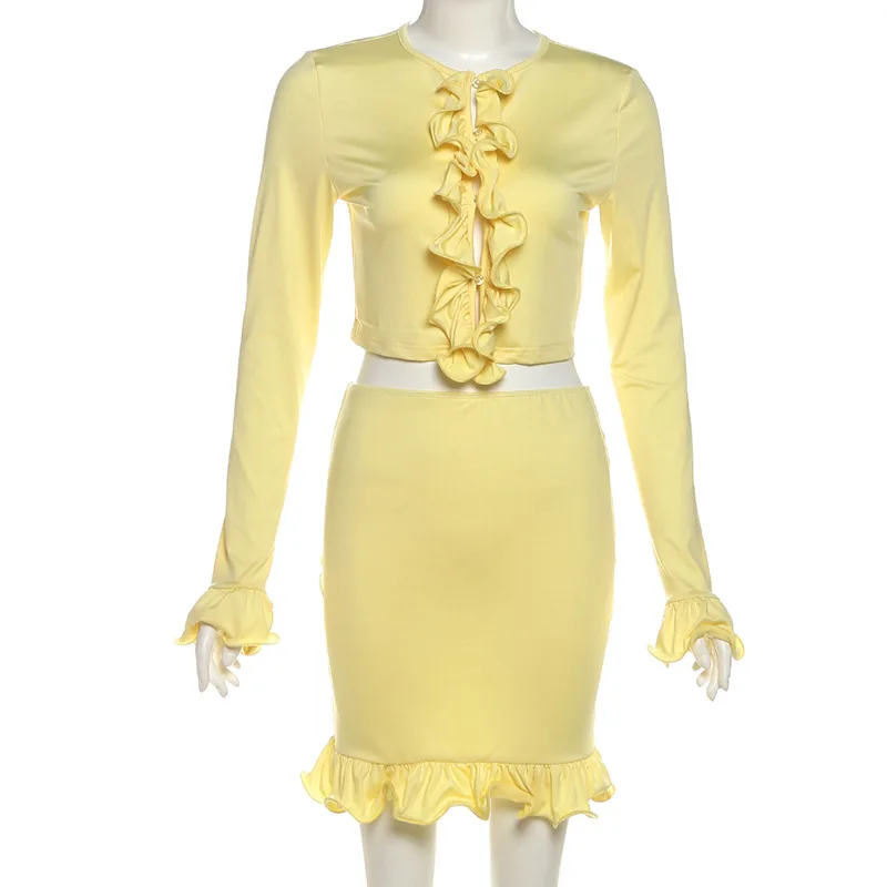 

Tuularose модные комплекты платьев с рюшами элегантный однотонный кардиган куртка с рюшами мини-юбка High-Street повседневные вечерние женские комплекты платьев