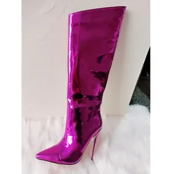 New Thigh High Boots Candy Color Mirror Leather Women Knee High Boots High Heels Stilettos Runway Shoes for Women Height 10 Cm