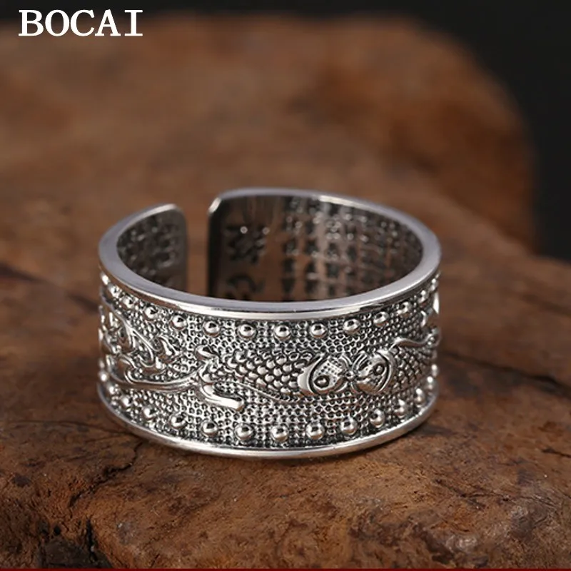 

BOCAI S999 Серебряное ретро-трендовое открытое кольцо с сутрой в виде рыб, мужские и женские подарки