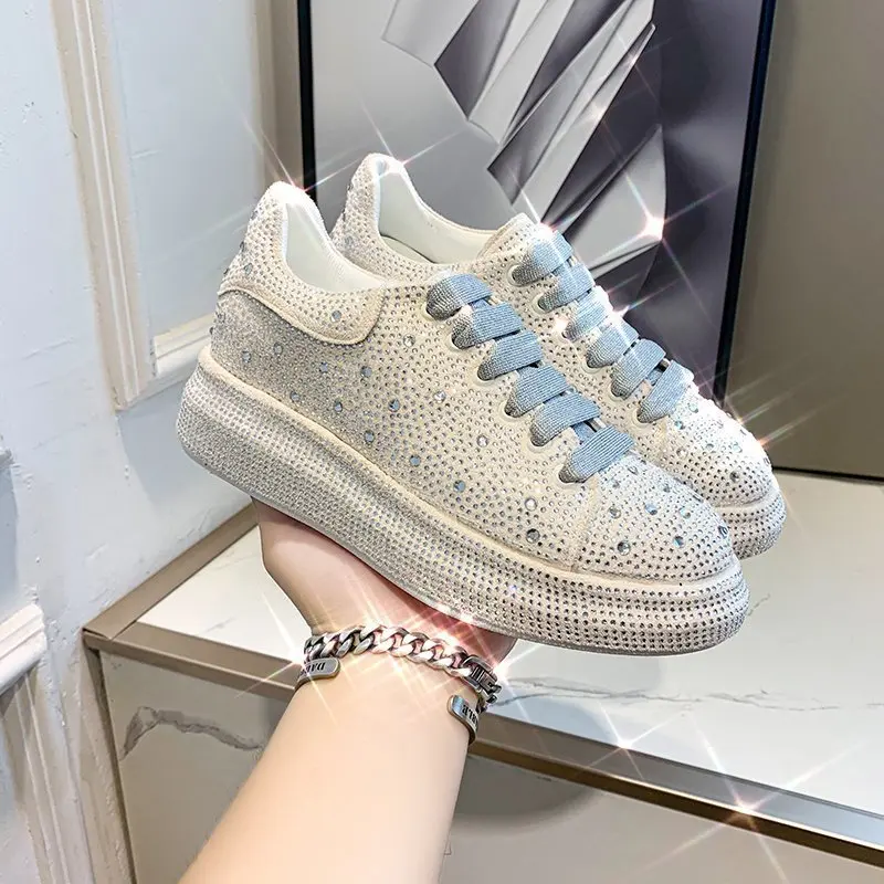 Merk Vrouwen Sneakers Steentjes Glanzende Kristallen Casual Schoenen Voor Heren Platform Comfort Gevulkaniseerde Schoenen Luxe Vrouwen Sportschoenen