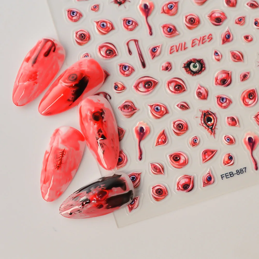 ملصق أظافر 5D بعيون شريرة ، شرير دموي ، منزلق هالوين للأظافر ، تصميم لاصق ، ديكورات فنية ، #5