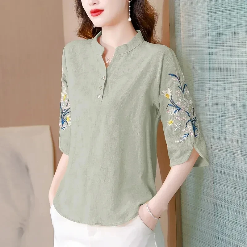 Women Shirt Summer 2024 New Middle-Aged Mother Embroidered Shirt Coat Female Loose Short Sleeved Temperament Ladies Casual Tops