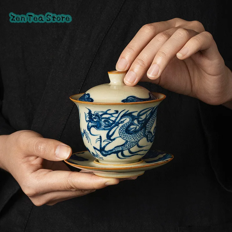 Ru Kiln Three Cover Bowl Teacup Set Kung Fu Tea Set Anti-ironing Large Handmade Household Single High-grade Tea Bowl