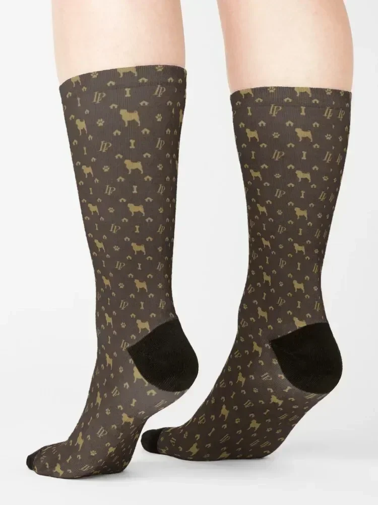 Calcetines con patrón de atuendo de perro de lujo con cara de Pug de Louis, regalos para correr para niños, calcetines para hombres, marca de lujo para mujeres