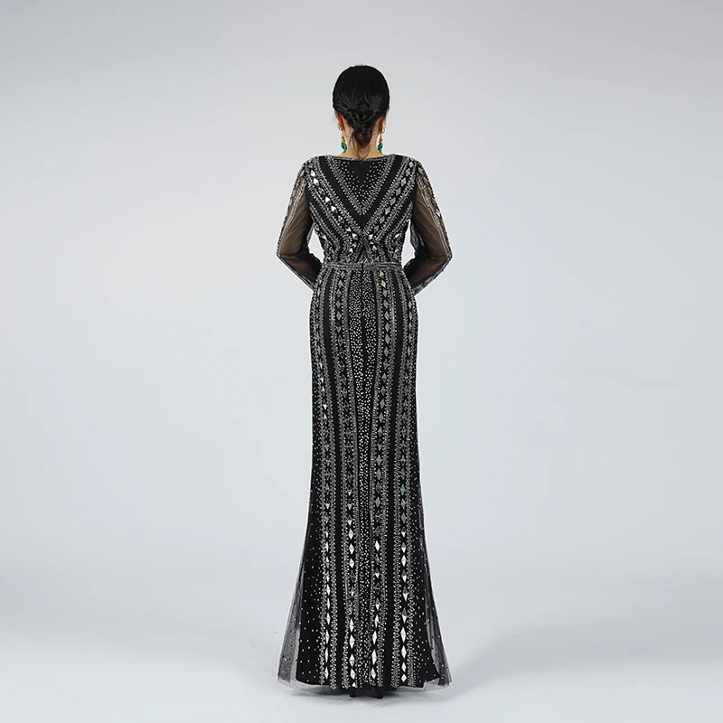 Baisha Black Evening Dress Heavy Handmade Beaded Sequin Rhinestone Long Sleeve Mermaid Gown Mom Party Prom Special Events MM88