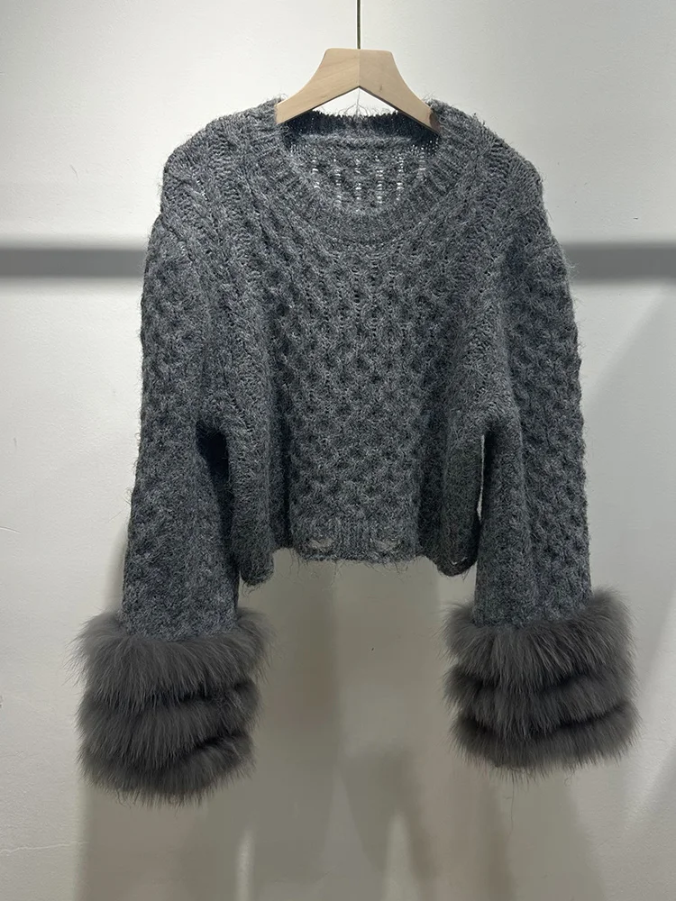 2026 Autumn Short Sweater Coat Real Fox Fur Knitted Sweater Real Fur Full Sleeves Women Female Coats view 3