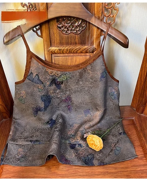 

Silk Chinoiserie Strap Vest Women's Inner Wear Floral Luo Silk Tank Top ort Sle Commute Faion Spring 2025 New Arrival