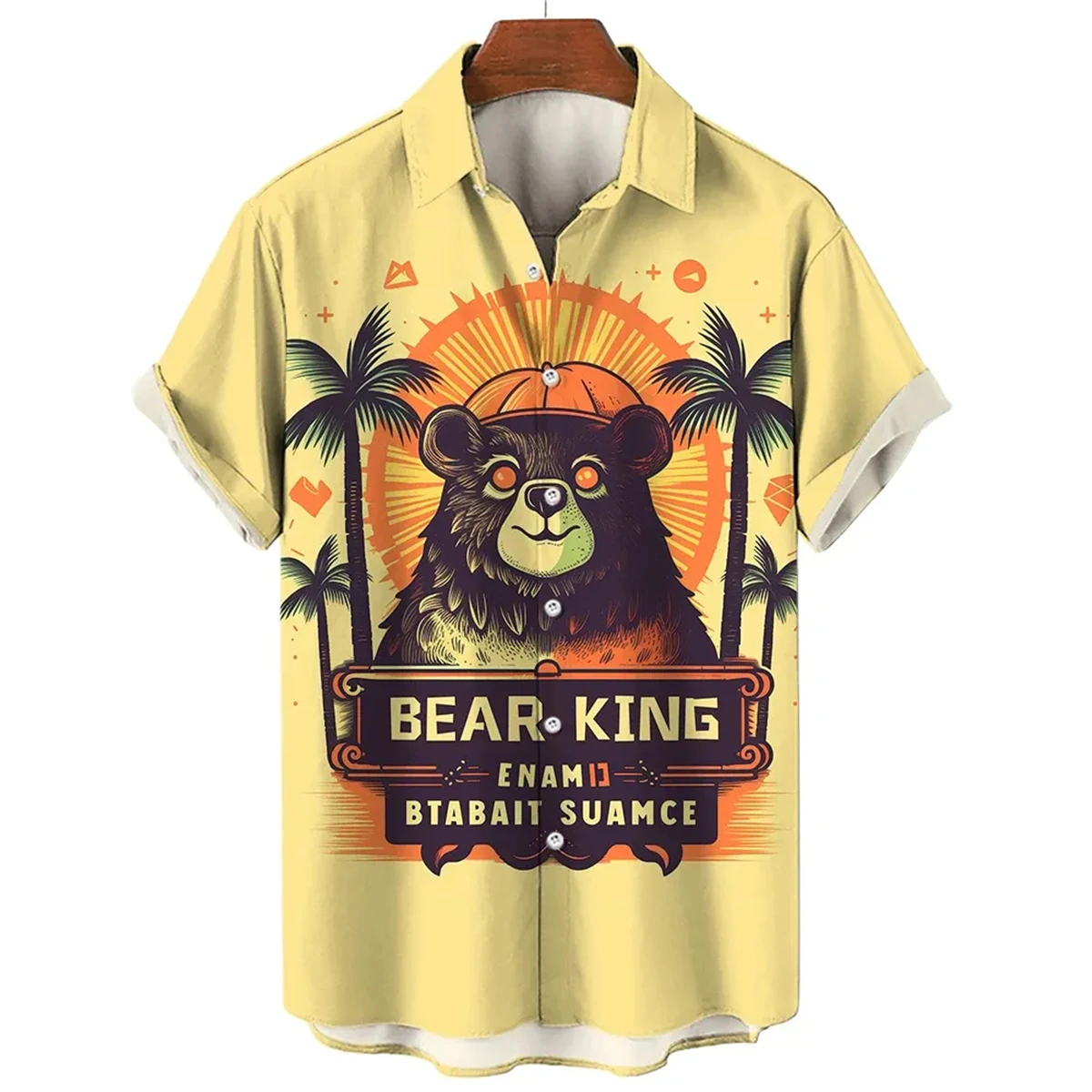 Evil Brown Bear Print Men\'s Short Sleeve Shirt Hawaiian Fashion Lapel Men\'s Tops Large Size Casual Men\'s Shirt 2024 New Style