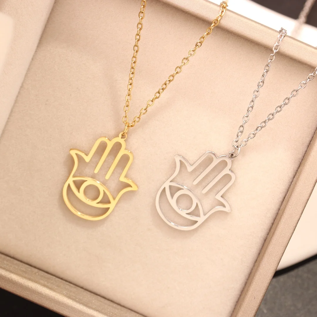 New Fashion Fatima Hand Hamsa Palm Protection Pendants Round Cross Chain Short Long Mens Womens Silver Color Necklace Gift