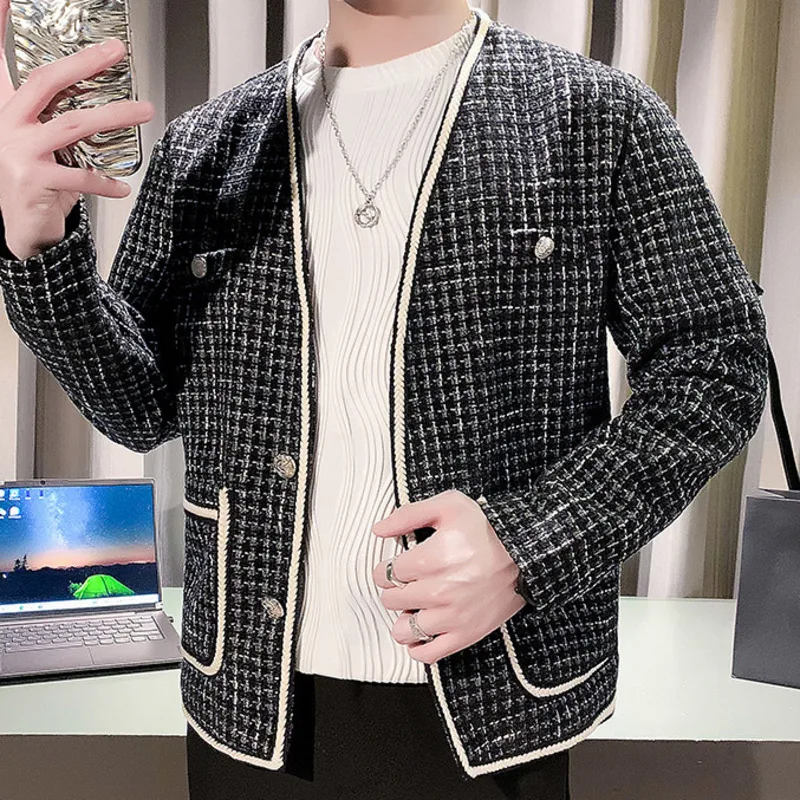 

British Style Mens Tweed Plaid Color Contrast Jacket Stitching Hombre Casual Jacket Masculino Slim Fit Social Club Outfits