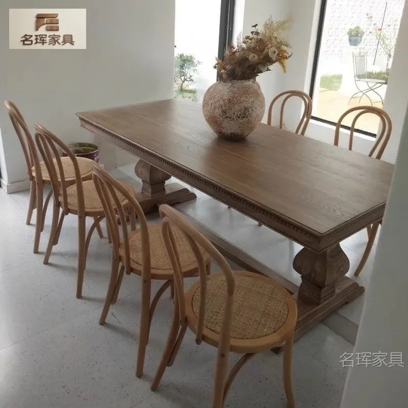 American Solid Wood Vintage Dining Table and Chairs Set Premium Retro Country Style Rectangular Long Table for Home French
