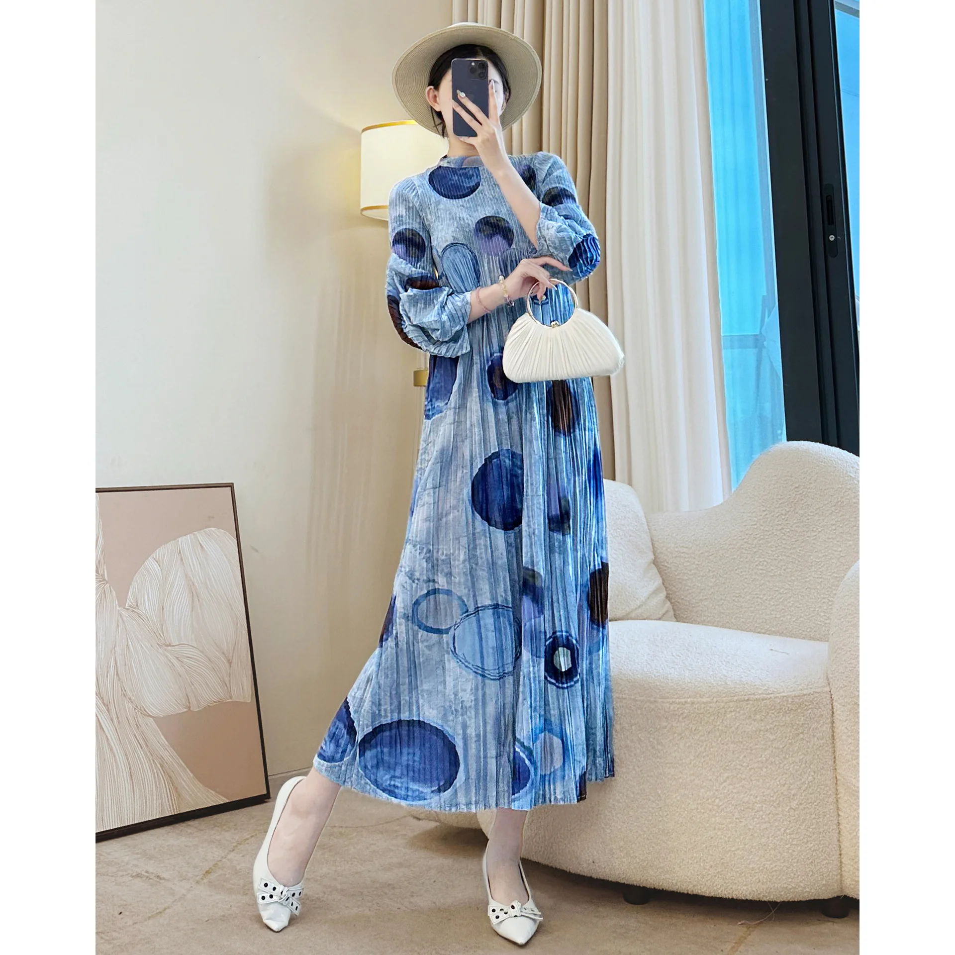 미야케 플리츠 도트 프린팅 여성용 3/4 소매 드레스 신축성 있는 루즈 스탠드 칼라 블루 여성 의류 시크 2025 신상