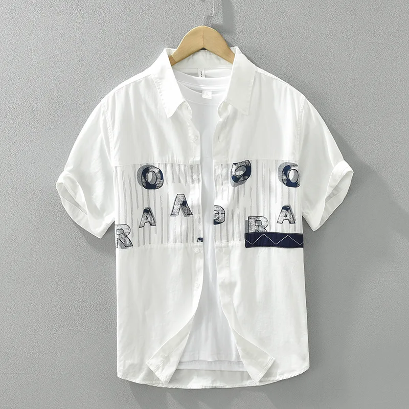 

Summer Men's Loose Cotton ort Sve irt Letter Print Splicing American Faion f Sve Top Youth Casual Wear