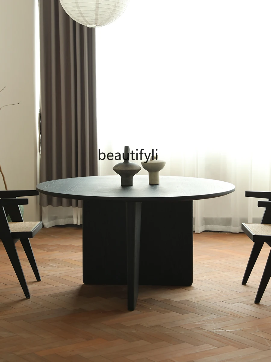 round Table Solid Wood Ash Matte Black Mid-Ancient Household Dining Table Vintage Dining Table