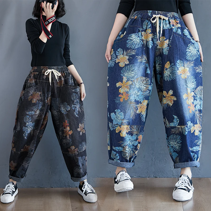 Printed Loose High Waist Harlan Women's Jeans Autumn Casual Long Pants Wide Leg Trousers Corduroy plus Size Faionable