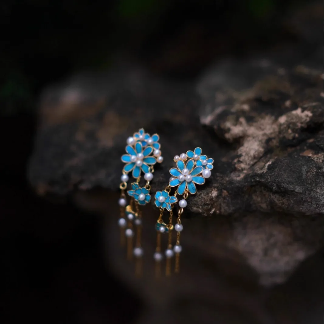 Imitation Point Green Burned Blue Tassel Flower Pearl Earrings Ethnic Style Traditional Classical Exquisite High-end Earrings