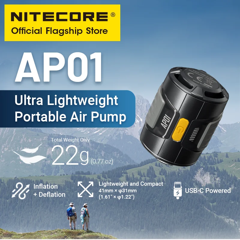 Bomba de Aire Portátil NITECORE AP01, 22g, 2.8 kPa, USB-C, Inflado y Desinflado para Colchones Inflables, Almohadas, Anillos de Natación, Camping, Encendedor de Llamas