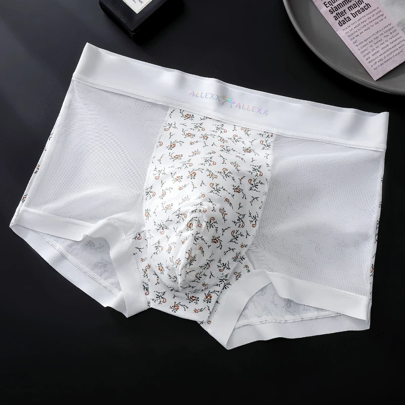 Men'S Boxers Ice Silk Printed Panties Mesh See Through Sexy Underpants U Convex Pouch Light Thin Exercise Breathable Underwear