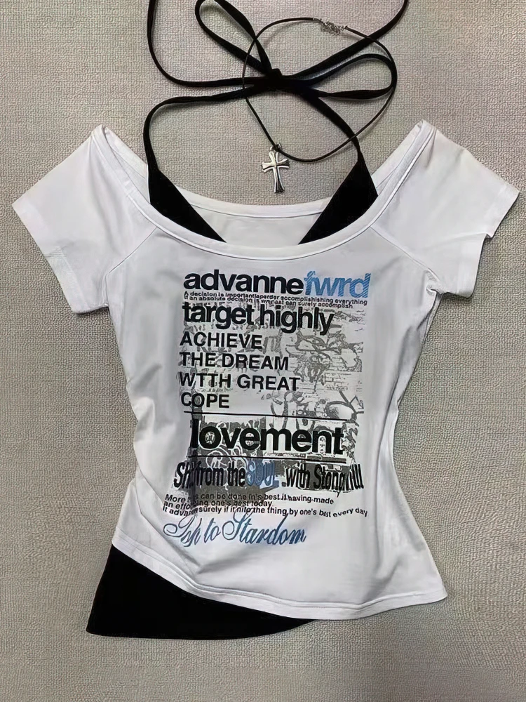 White False-Two Off Shoulder Y2k Short sleeve T Shirt Women Sexy 100% Cotton Halter Summer Top Lady Basic Crop Shirt Korean Chic