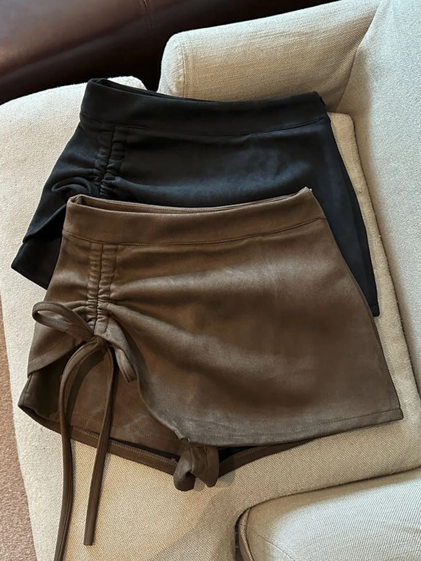 High Waist Suede  Skirt Women's Drawstring Slimming A-Line Skirt Trendy Short Skirt Commute Simple Style Inner Lined
