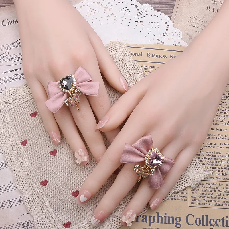 Customized Beads Handmade Women\'s Rings JapaneseStyle Sweet Cute Heart Ring Shape Rhinestone Bowknot Pendant Ring for Girls