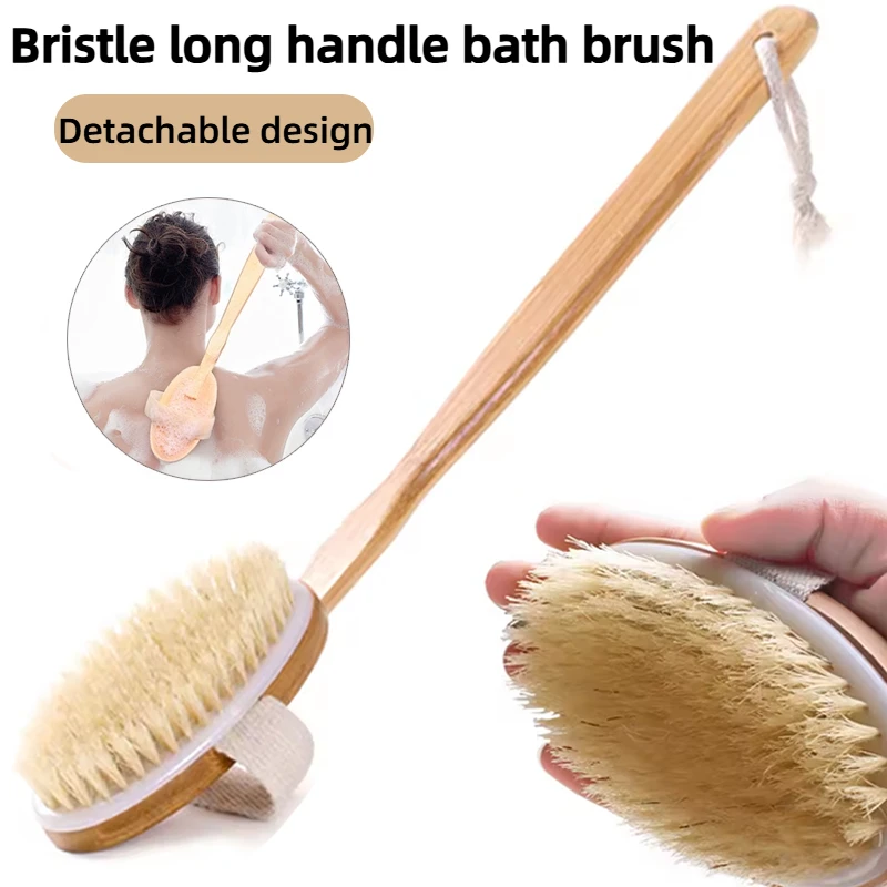 

Съемная деревянная щетка для ванны с длинной ручкой и ремешком для рук, естественная грива для чистки спины, отшелушивания, расслабляющего массажа тела.
