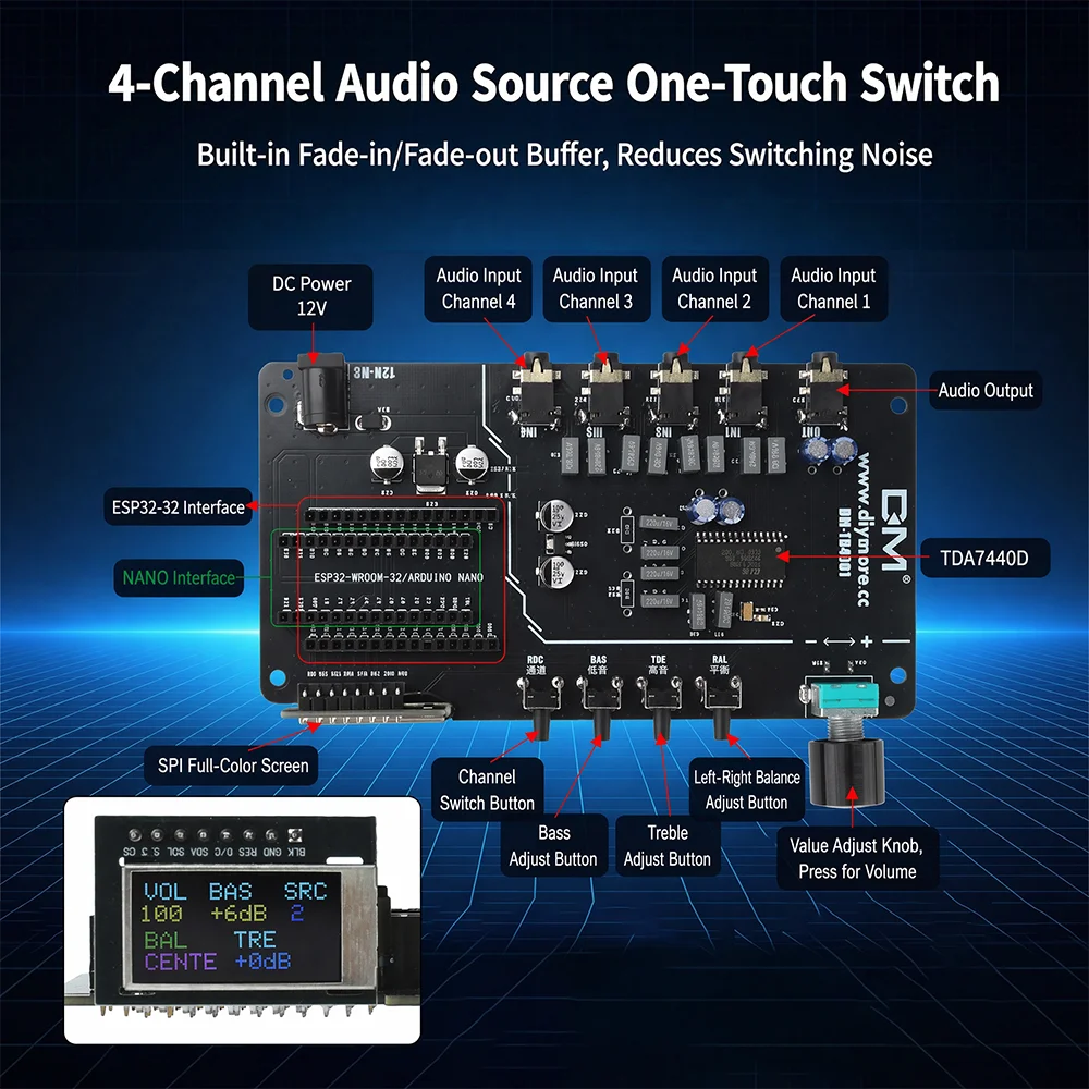 TDA7440 Digital Audio Controller 4-Channel Stereo Audio Amplifier Board 1.8-Inch Display Screen