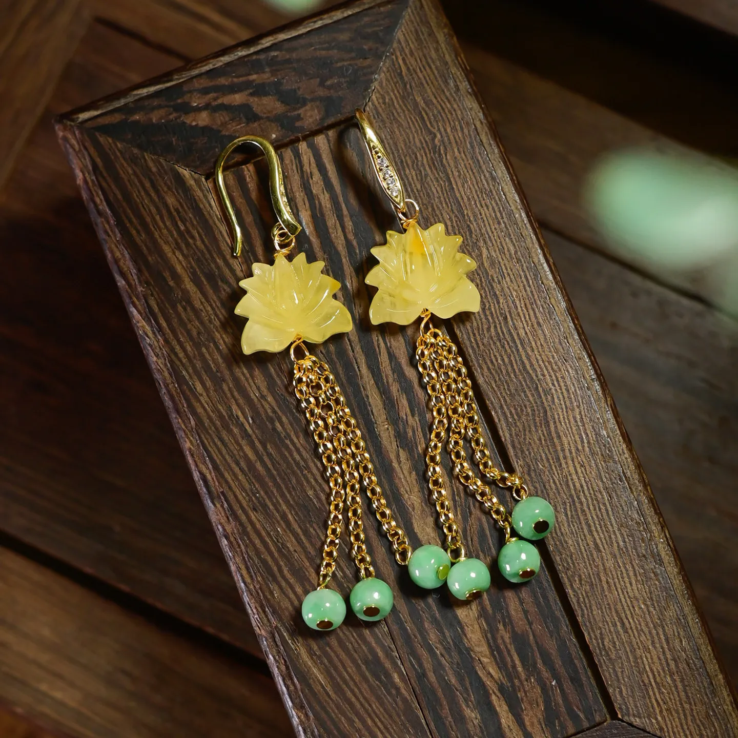

Natural Beeswax Lotus Jade Earrings, S925 Sterling Silver, Chinese Retro Tassel Drop Earrings