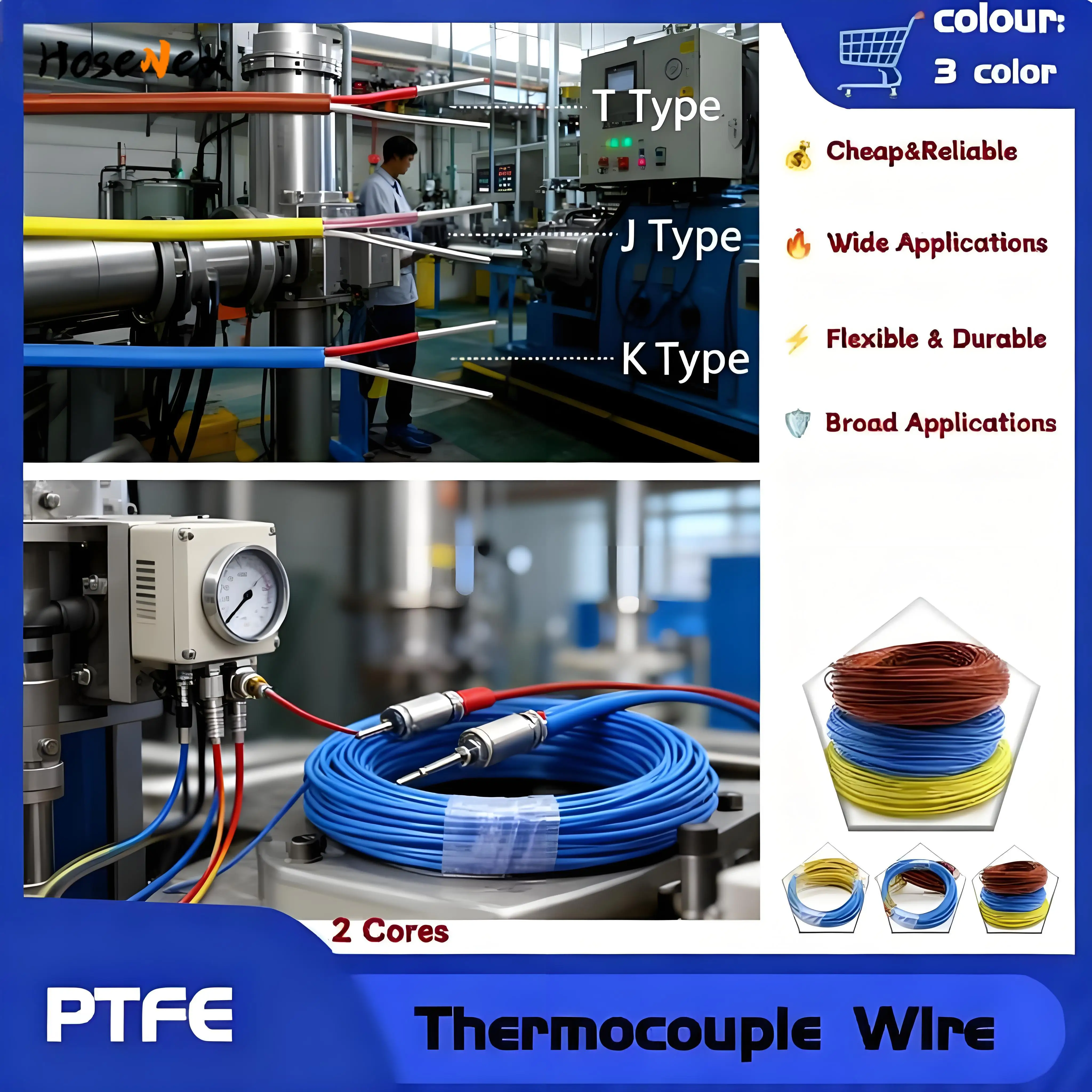 High Temperature Resistant K/J/T Type 2-Core Thermocouple Compensation Cable with PTFE Insulation for Precise Industrial