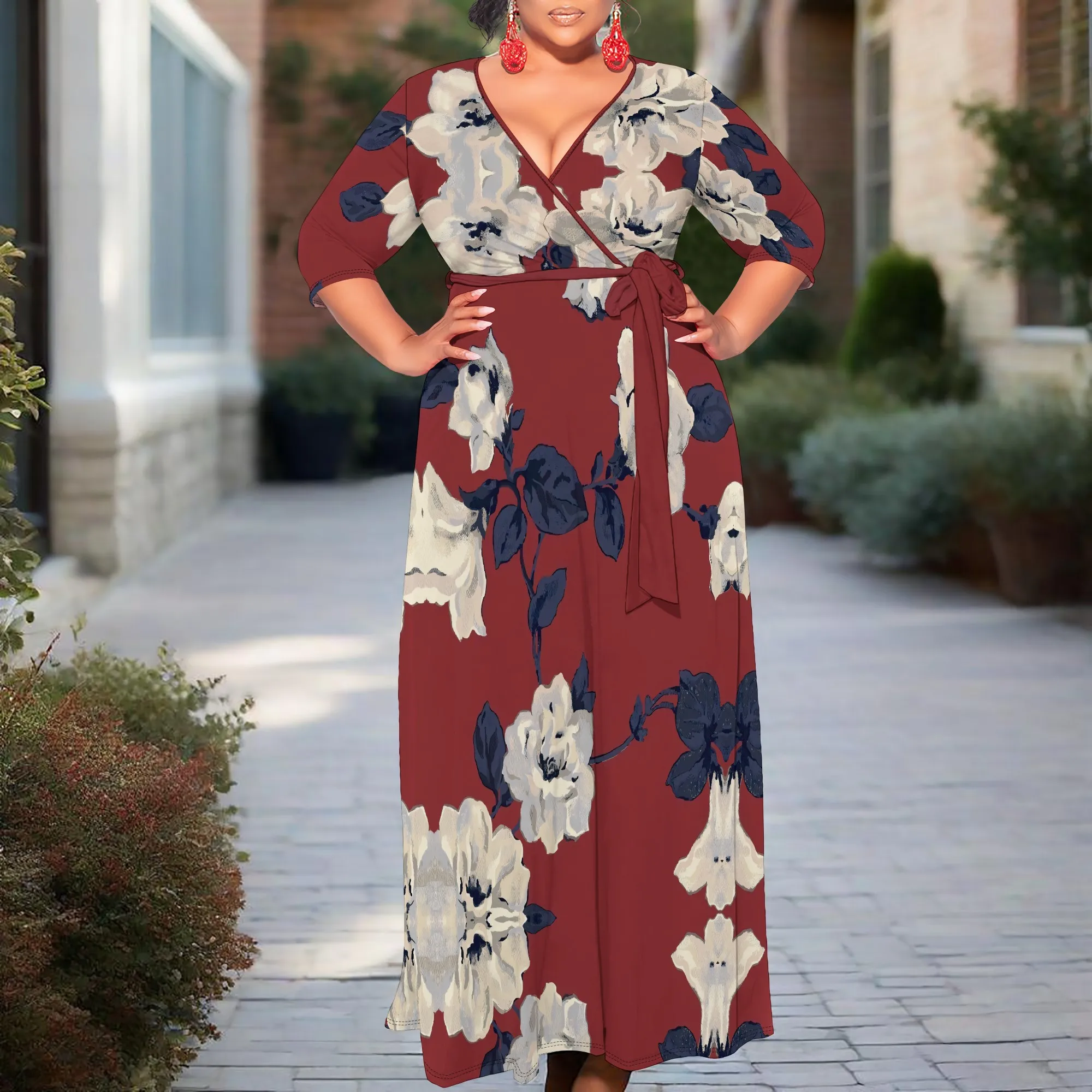 

Elegant Beige Floral Print Maxi Wrap Dress for Women 3/4 Sleeve Evening Look