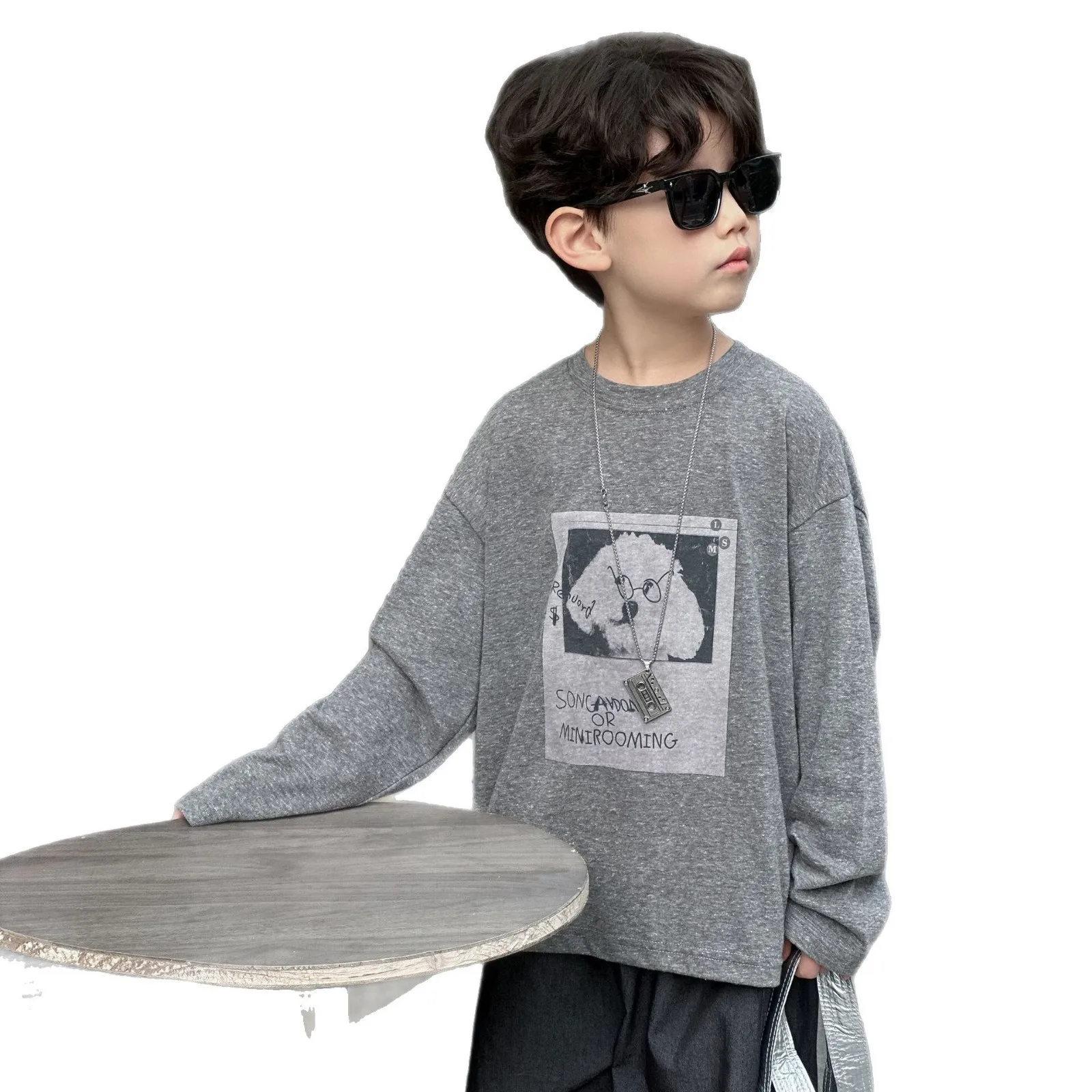 

Boys Korean Sweater 2026 Spring New Children's Fashion Puppy Print T-shirt Medium Children's Crew Neck Jumper