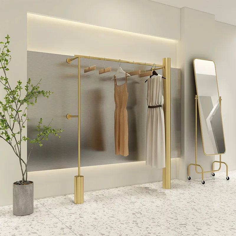 Light luxury clothing store display rack stainless steel brushed titanium wall hanger women's  rack electroplate