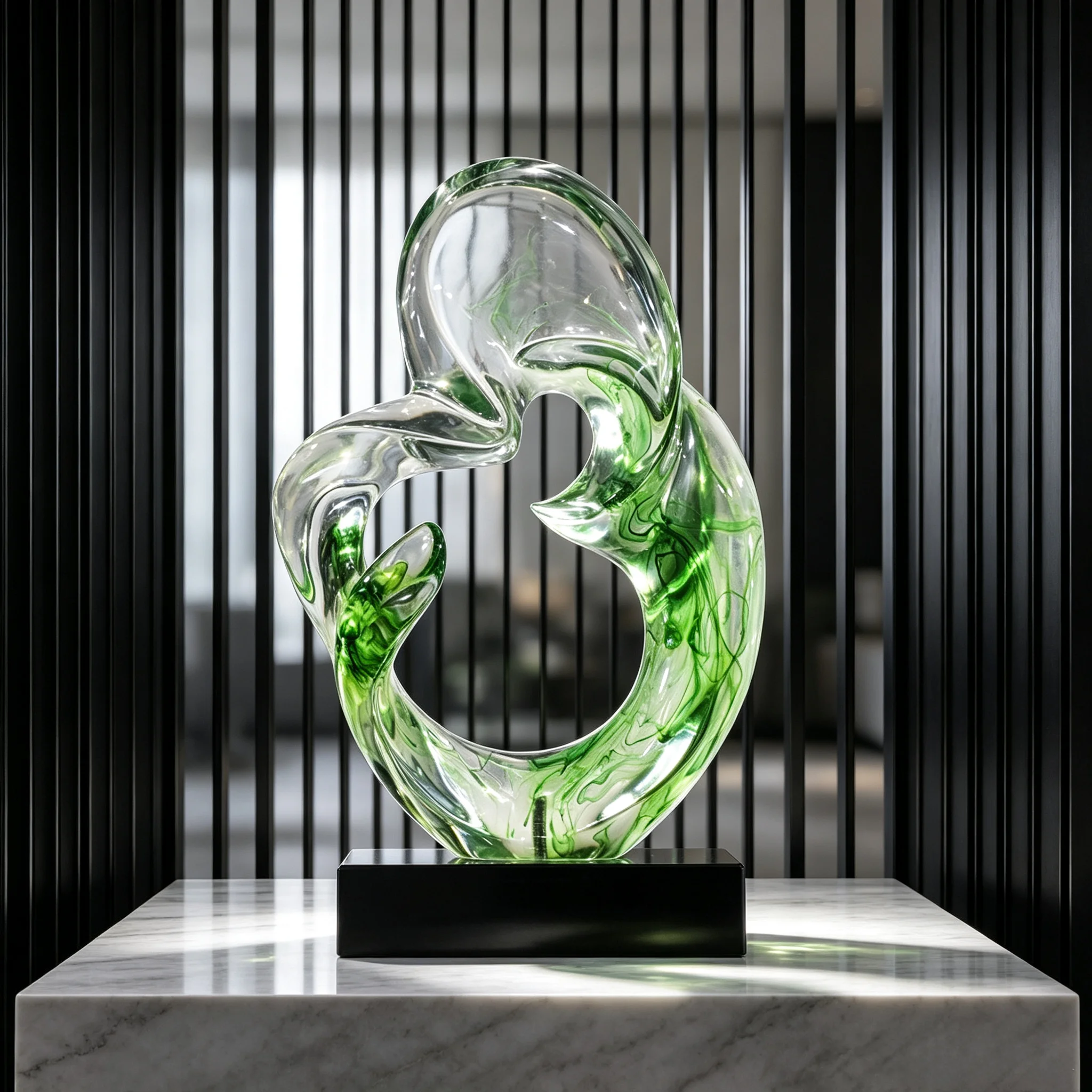 *#Q  Transparent Resin Hand-painted Abstract Twisted Irregular Sculpture Green Smoke Ink Black Base Living Room Exhibition&