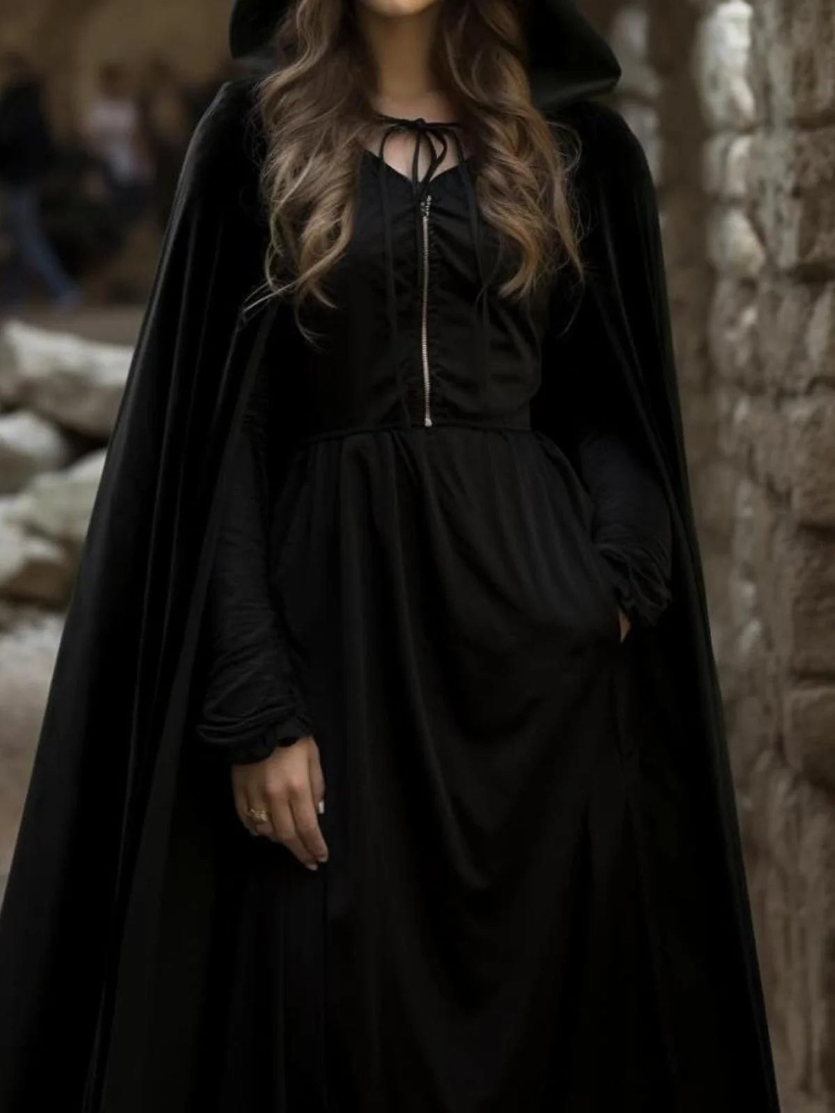 

Ele Hooded Jaet Hepburn Sle Base Layer Wrap Coat Premium Feeling Women's loween Polyester Ethnic Stage Costume