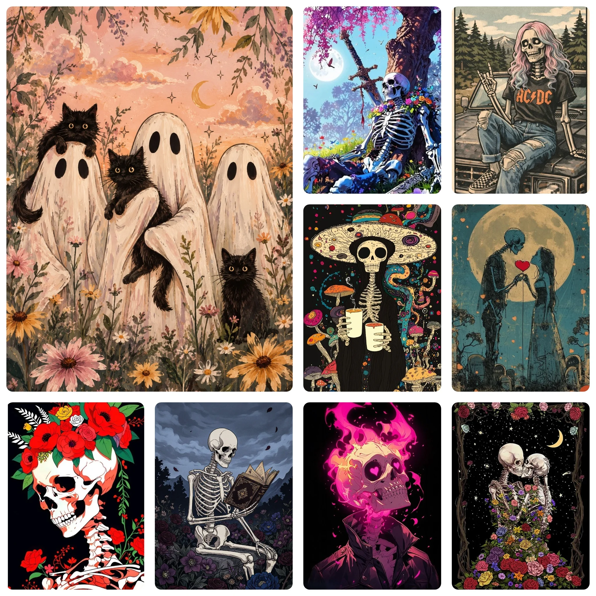DIY Gothic Halloween Art Diamond Painting, Spooky Ghost Skeleton And Black Cat For Living Room Wall Decoration Handmade Gift
