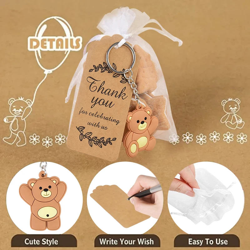 10pcs Baby Shower Souvenirs Gift Bear Keychain With Organza Bags Thank You Kraft Tag for Guests Boy Girl Birthday Party Supplies