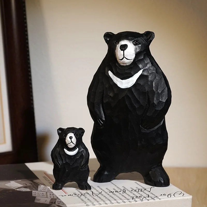Black Bear Hand Carved Wood Statue Adorable Ursine Figurine Television Bookcase Office Desk Decor Piece Handmade Home Ornaments